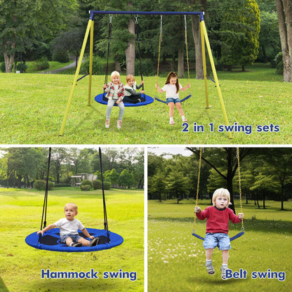Outdoor Kids Swing Set with Saucer and Belt Swings - Heavy-Duty Metal A-Frame Playset for Backyard Fun, 440 lbs Capacity
