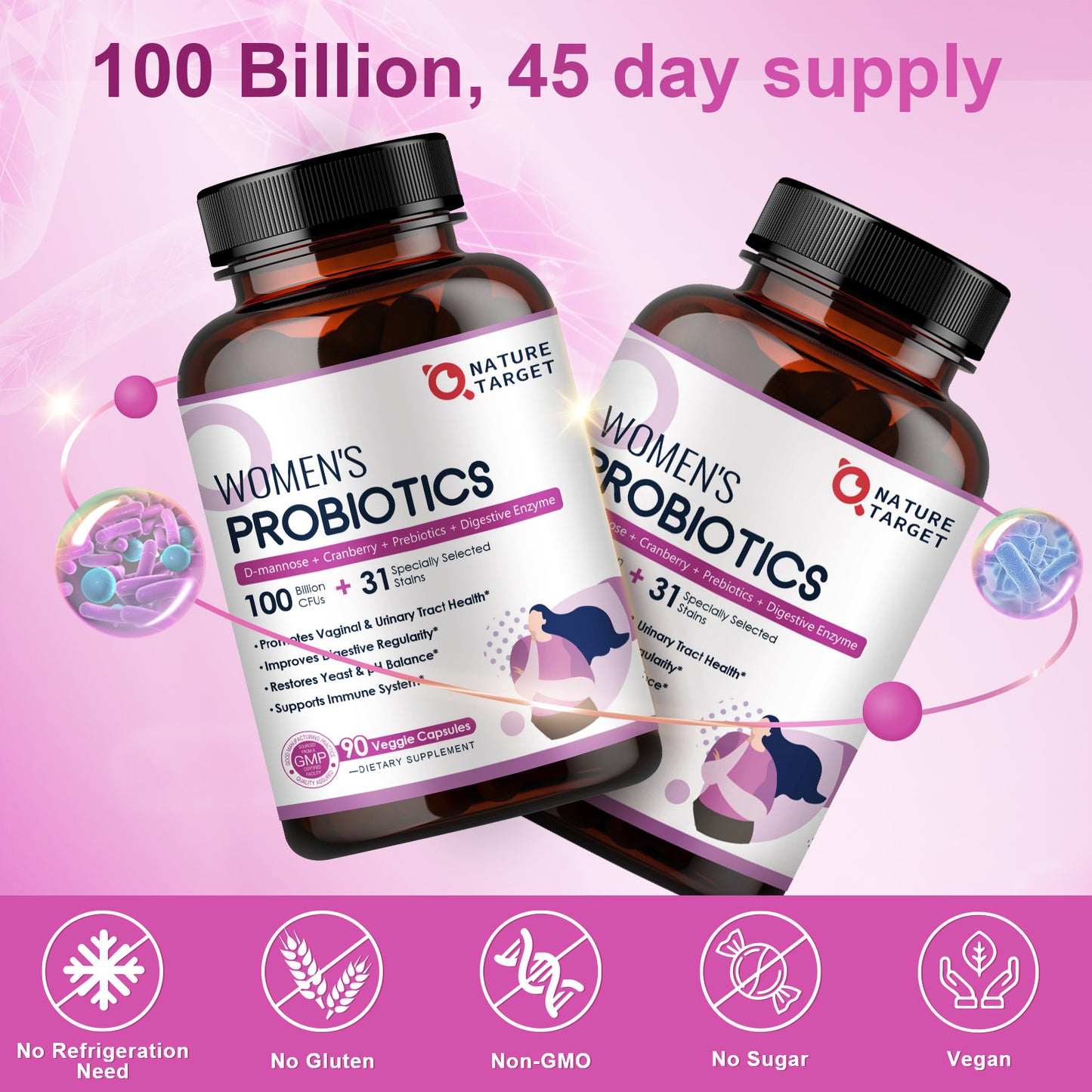 NATURE TARGET Women's Probiotic 2-Pack: 100B CFUs, digestive enzymes, prebiotics, cranberry. Supports gut, vaginal & urinary health. 180 veggie caps