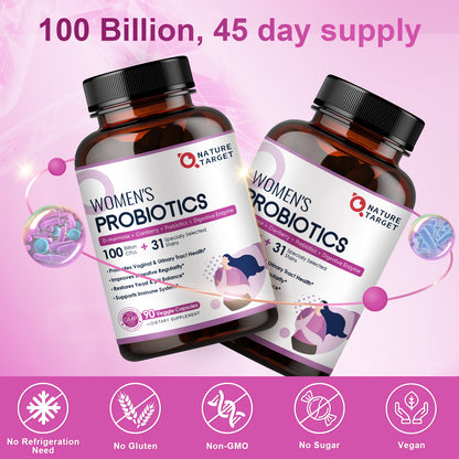 NATURE TARGET Women's Probiotic 2-Pack: 100B CFUs, digestive enzymes, prebiotics, cranberry. Supports gut, vaginal & urinary health. 180 veggie caps