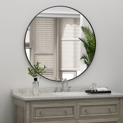 18" Round Wall Mirror Black, Circle Mirror for Wall Decor, Bathroom Mirror Metal Frame - PAIHOME