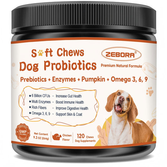 ZEBORA Probiotics for Dogs, Dog Probiotics for Digestive Health, Plus Pumpkin and Fish Oil, for Gut & Itchy - 120Soft Chews