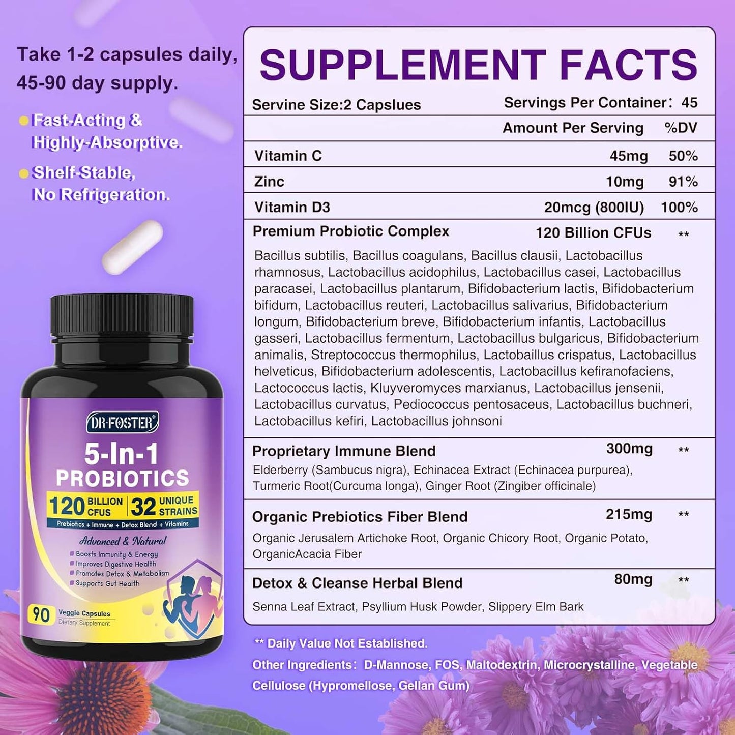 DRFOSTER Probiotics (Women/Men): 120B CFUs, pre/probiotics, D3, Zinc, herbs. Gut health, immunity, detox cleanse - 120 softgels