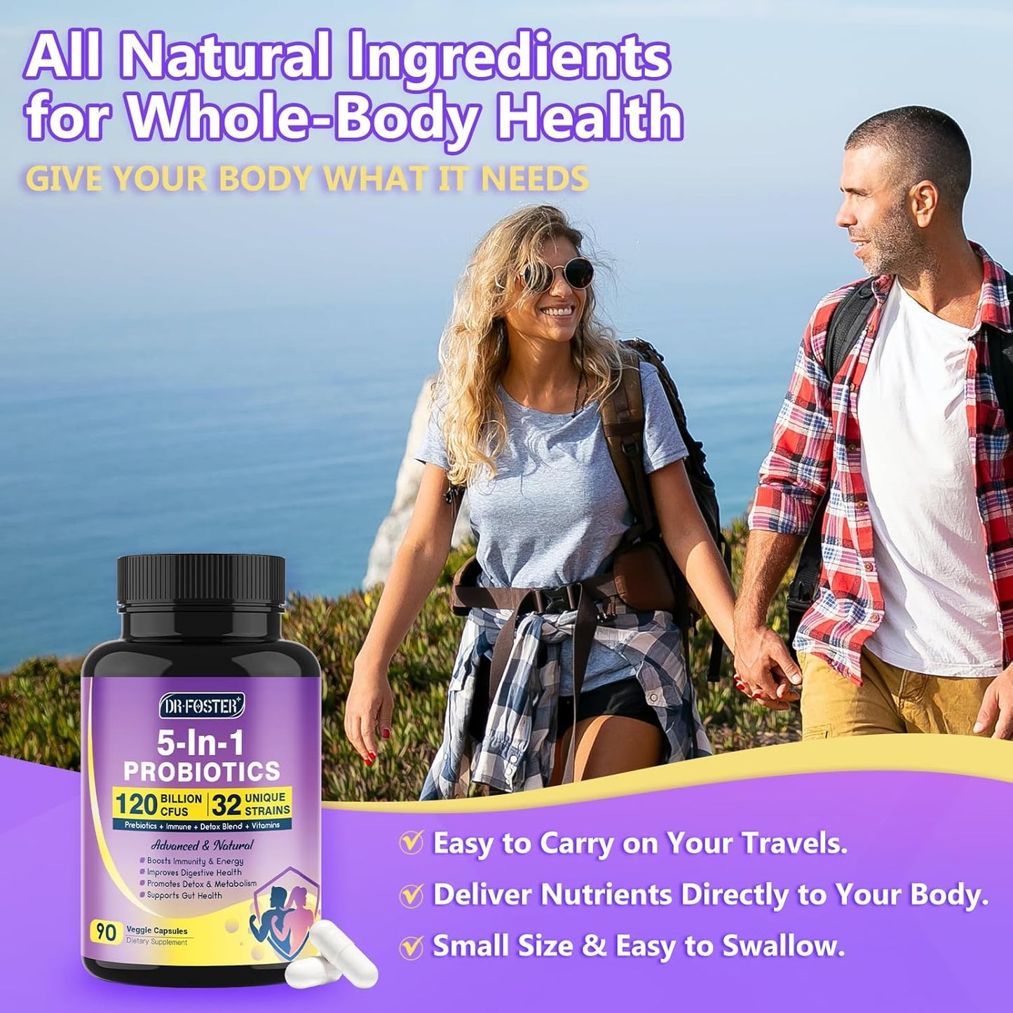 DRFOSTER Probiotics (Women/Men): 120B CFUs, pre/probiotics, D3, Zinc, herbs. Gut health, immunity, detox cleanse - 120 softgels