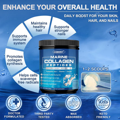 ZEBORA Marine Collagen: Wild Fish Collagen (I,III)+Keratin+MV+HA+Niacin+VC+Bio+18A – Anti-Aging,Skin/Hair/Nails/Jt/Bone/Imm/Energy – 35 Servings