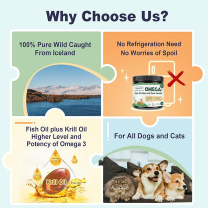 ZEBORA Dog Omega-3 with fish oil, krill & kelp. EPA & DHA support skin, coat, joints & allergies. Reduces itch & shedding - 90 scoops