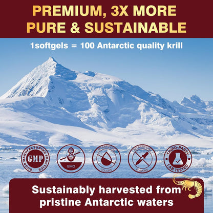 Krill Oil 1200mg, Antarctic Krill Oil Omega 3 Supplement with EPA, DHA，Astaxanthin & Phospholipids for Heart & Brain & Joint Health, No Fishy Aftertaste,120 Softgels (60 Servings)