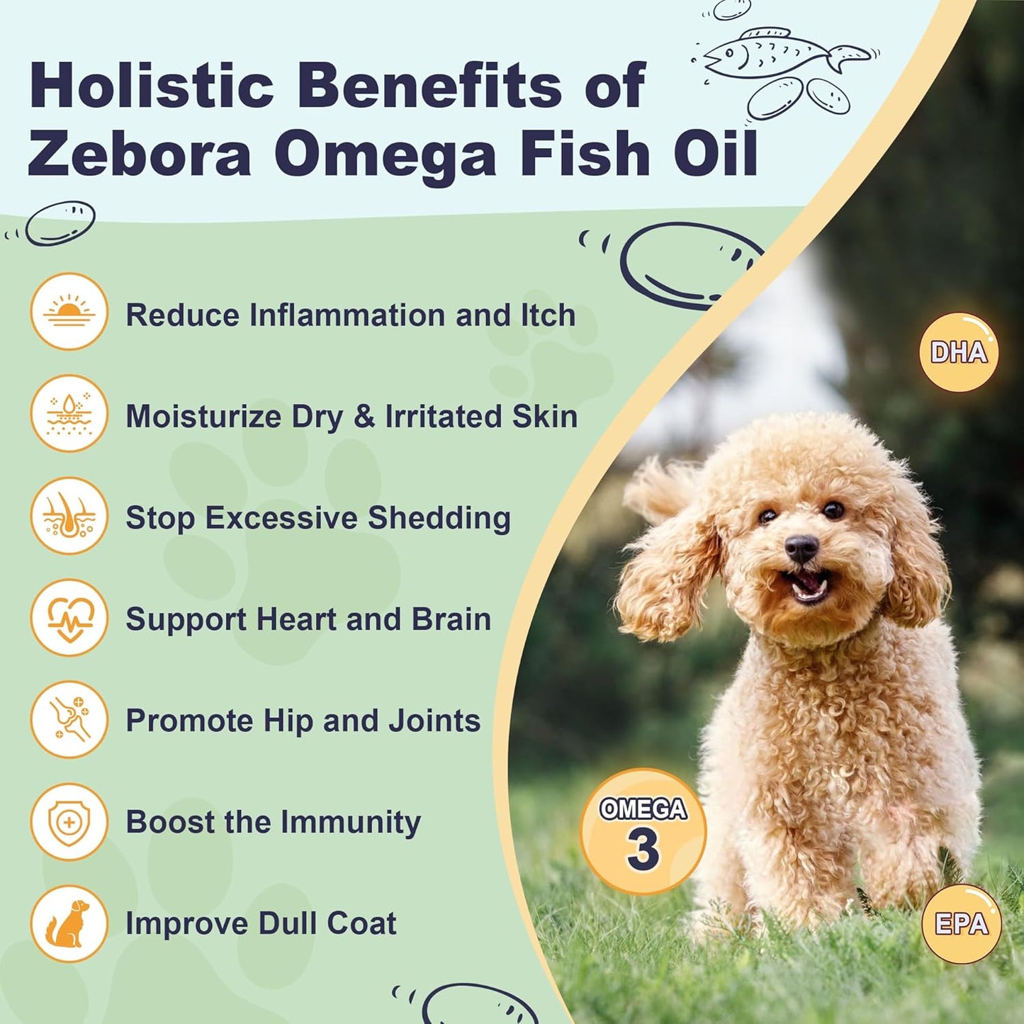 ZEBORA Dog Omega-3 with fish oil, krill & kelp. EPA & DHA support skin, coat, joints & allergies. Reduces itch & shedding - 90 scoops