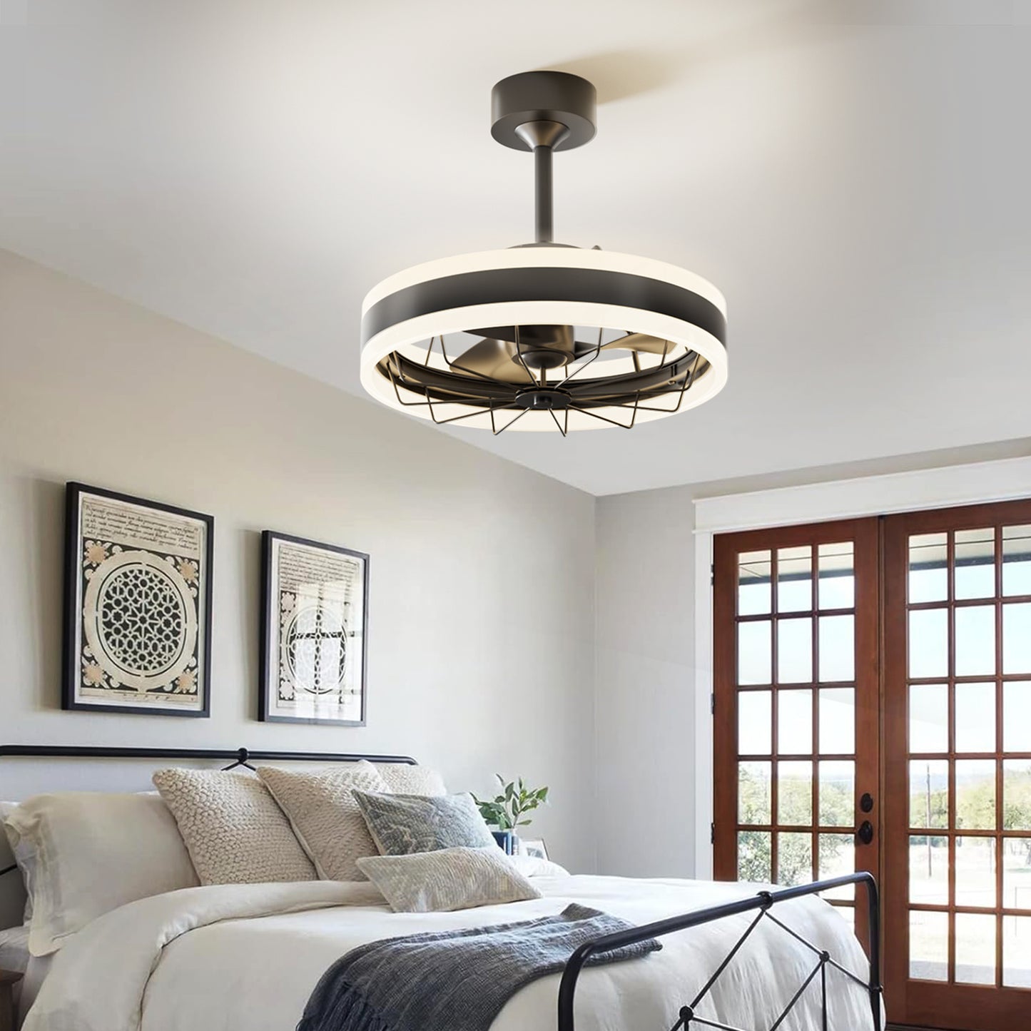Black Ceiling Fan with Light Ring - Flush Mount Caged Industrial Fan for Bedroom, Living Room, or Kitchen - Energy Efficient Airflow Design