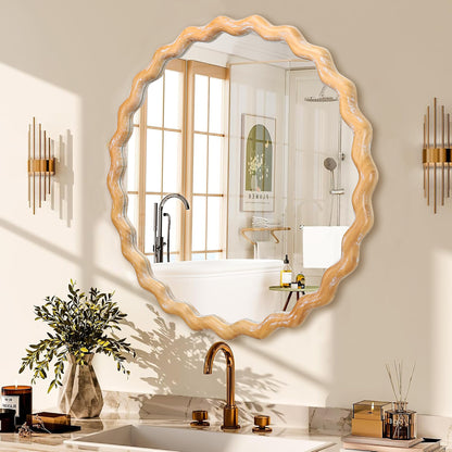 27.5" Round Wavy Bathroom Wall Mirror with Whitewash Edge, Wooden Farmhouse Circle Vanity Mirror - PAIHOME