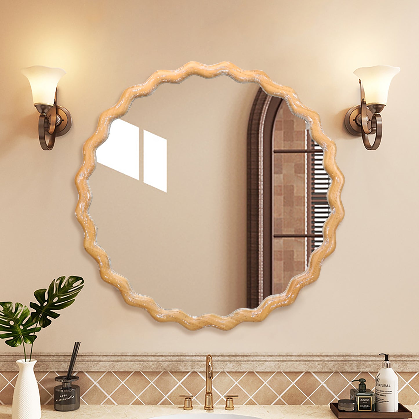 27.5" Round Wavy Bathroom Wall Mirror with Whitewash Edge, Wooden Farmhouse Circle Vanity Mirror - PAIHOME
