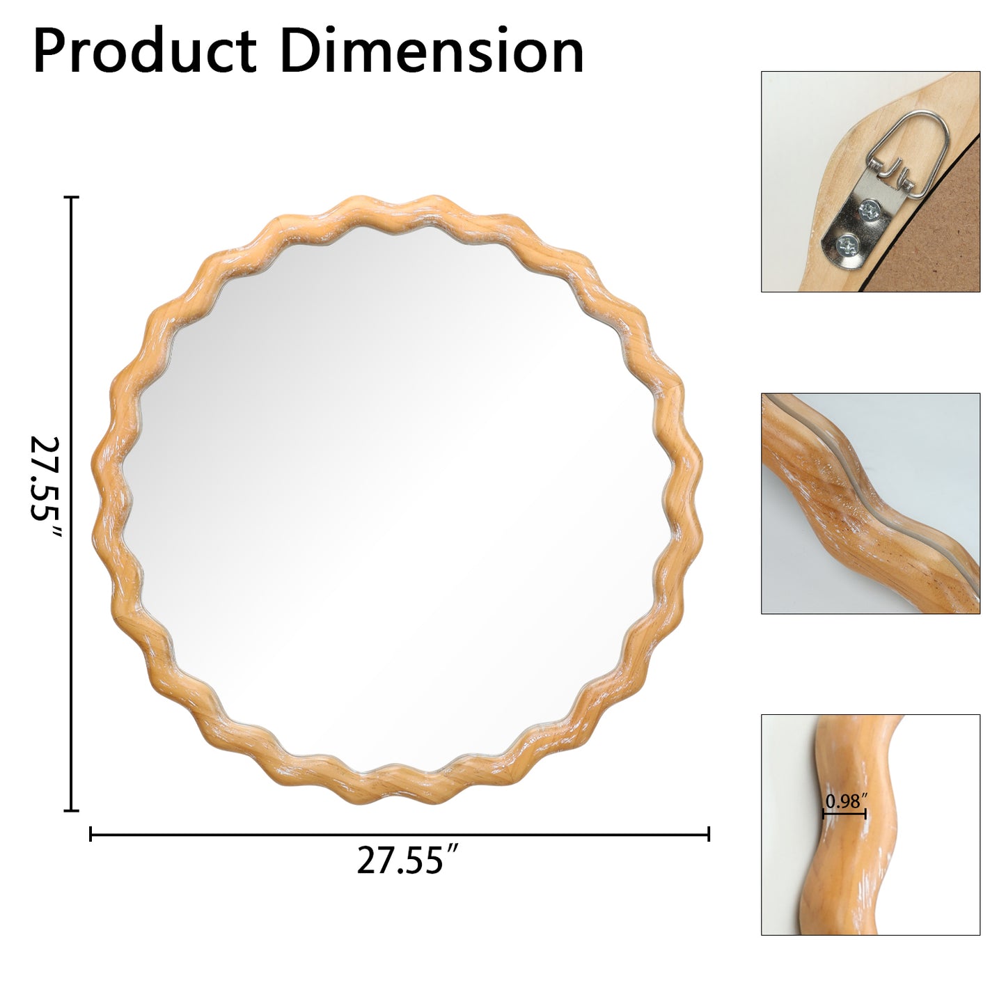 27.5" Round Wavy Bathroom Wall Mirror with Whitewash Edge, Wooden Farmhouse Circle Vanity Mirror - PAIHOME