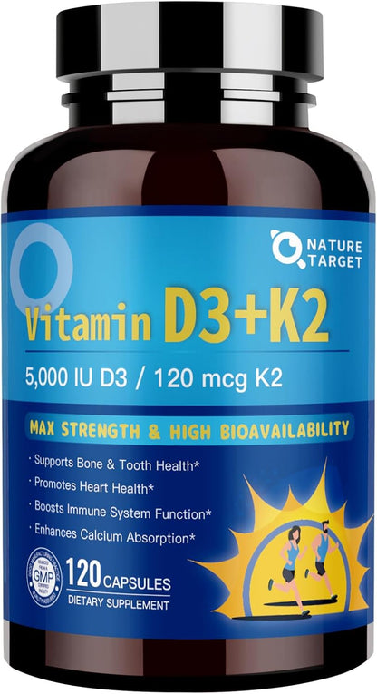 NATURE TARGET Vitamin D3 K2 with Ca & Mg & Omega-3s- 6-in-1 Complex - 5000 IU Vitamin D3, 120 mcg K2, Max Strength Bone,Heart,Immune - 120 Servings