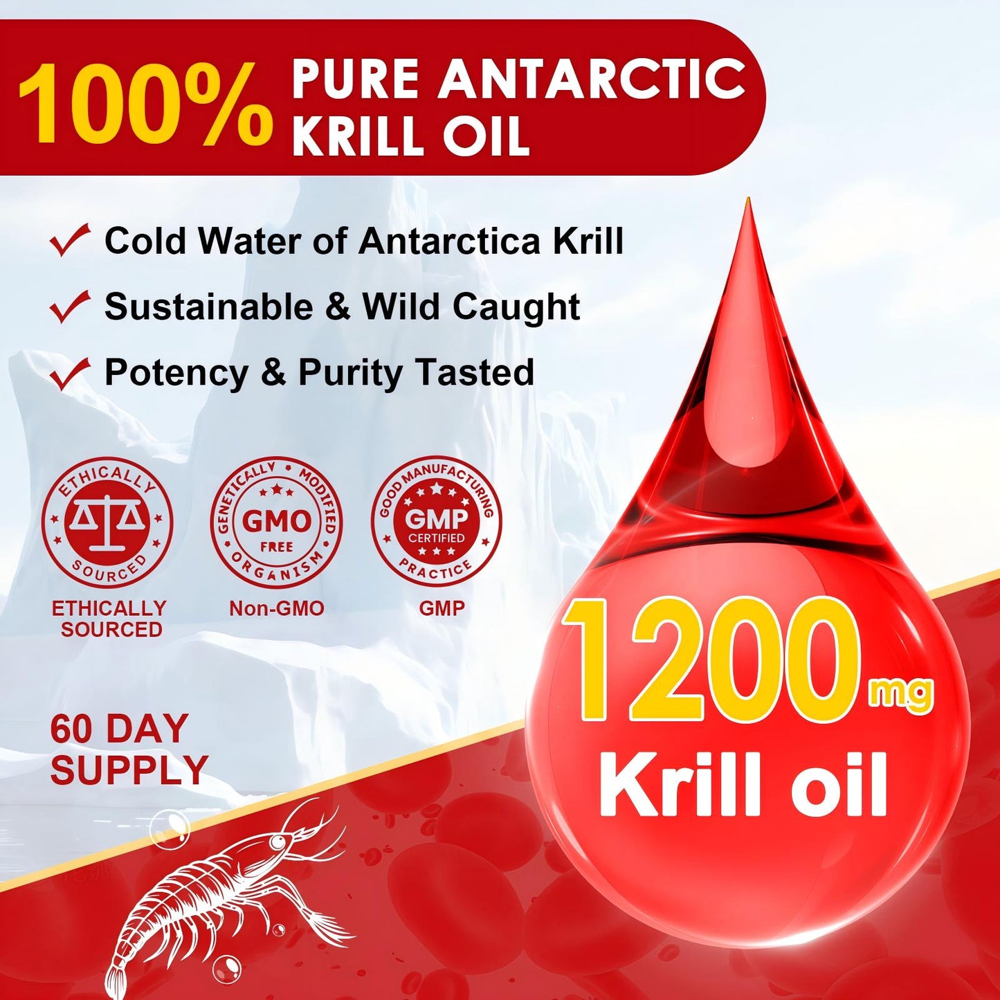 NATURE TARGET Krill Oil 1200mg – Heart/Brain/Joint Health – Omega-3 EPA/DHA, Phospholipids, Astaxanthin, Choline – 120 Softgels/60 Servings
