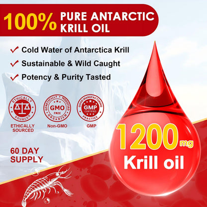 NATURE TARGET Krill Oil 1200mg – Heart/Brain/Joint Health – Omega-3 EPA/DHA, Phospholipids, Astaxanthin, Choline – 120 Softgels/60 Servings