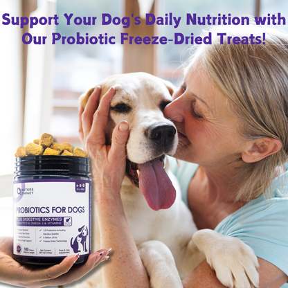 NATURE TARGET Probiotics for Dogs with 6B CFUs, Prebiotics & Enzymes. Helps relieve diarrhea, gas, and allergy itch. Supports skin & immune health with Vitamins & Omega 3 - 180ct
