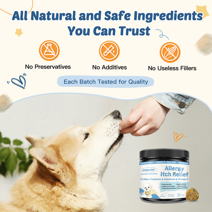 Dog Allergy Relief Chews, with Probiotics, Omega 3, Colostrum - Dog Itching Skin & Ears Relief, Herbal Skin & Coat Supplement, Gut & Immune Support, Hot Spot Treatment, Anti Seasonal Allergies