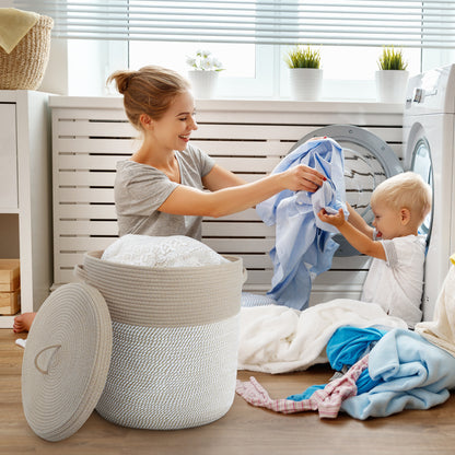 Woven Cotton Rope Storage Basket with Lid - Large Versatile Woven Hamper for Laundry, Blankets, Toys, and Home Organization
