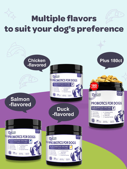 NATURE TARGET Dog Probiotics - 6B CFUs for Digestive Health, Prebiotics, Enzymes, Omega 3 & Vitamins for Skin & Coat, Salmon-Flavored, 120ct