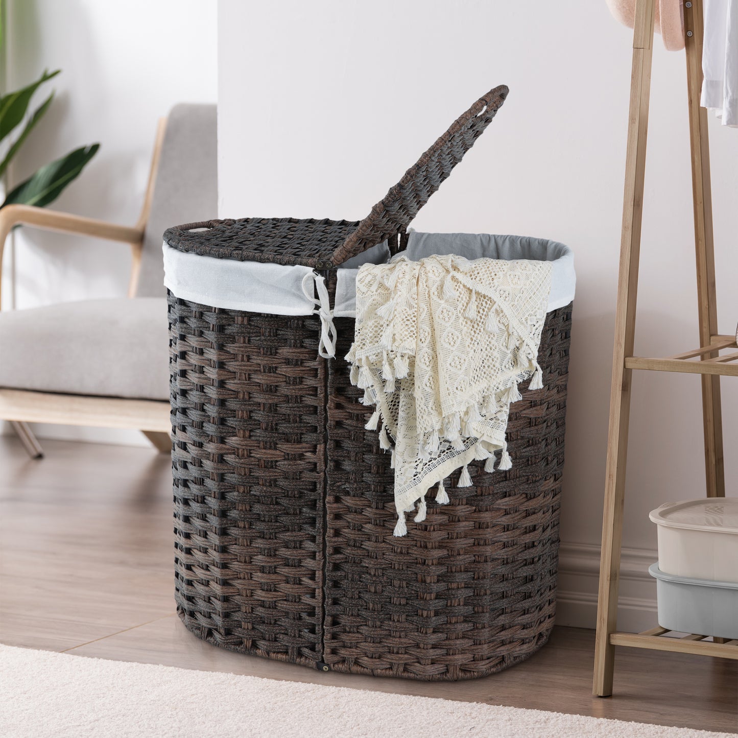 Woven Divided Laundry Hamper with Flip Lids and Removable Machine-Washable Liners - 2-Compartment Rattan-Style Basket for Bathroom, Bedroom, or Small Spaces