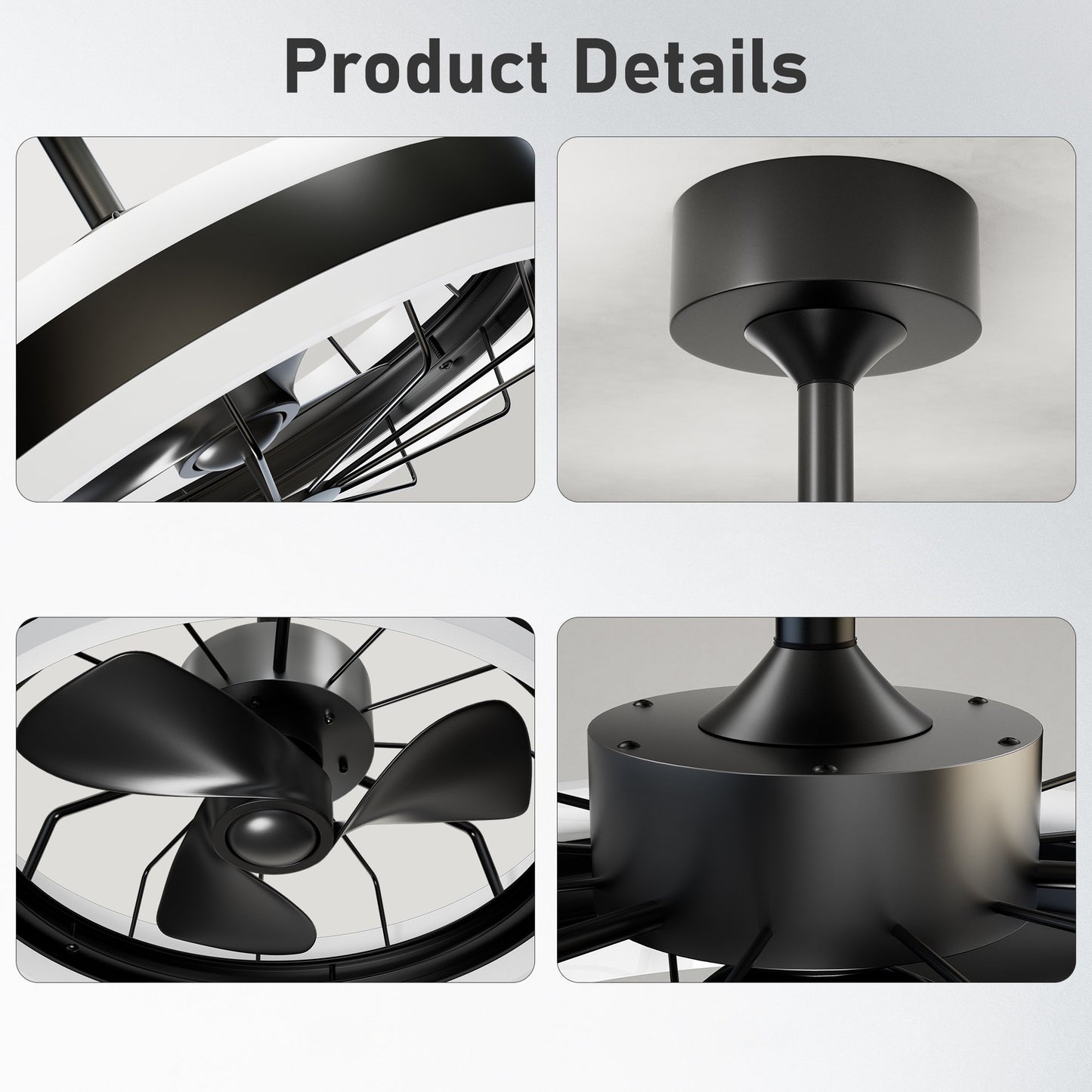 Black Ceiling Fan with Light Ring - Flush Mount Caged Industrial Fan for Bedroom, Living Room, or Kitchen - Energy Efficient Airflow Design