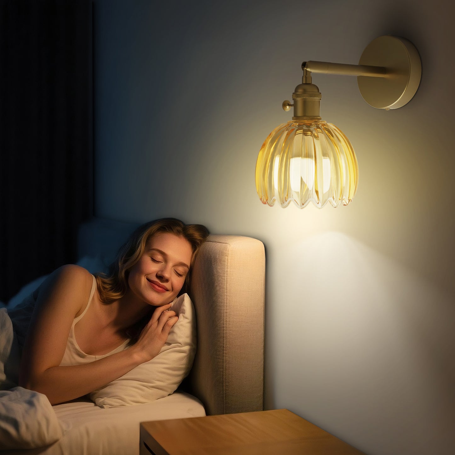 Gold Brass Wall Sconce with Rotating Steel Arm, Remote Control Wall Light, Tulip High-Transmittance Glass Shade for Bedroom