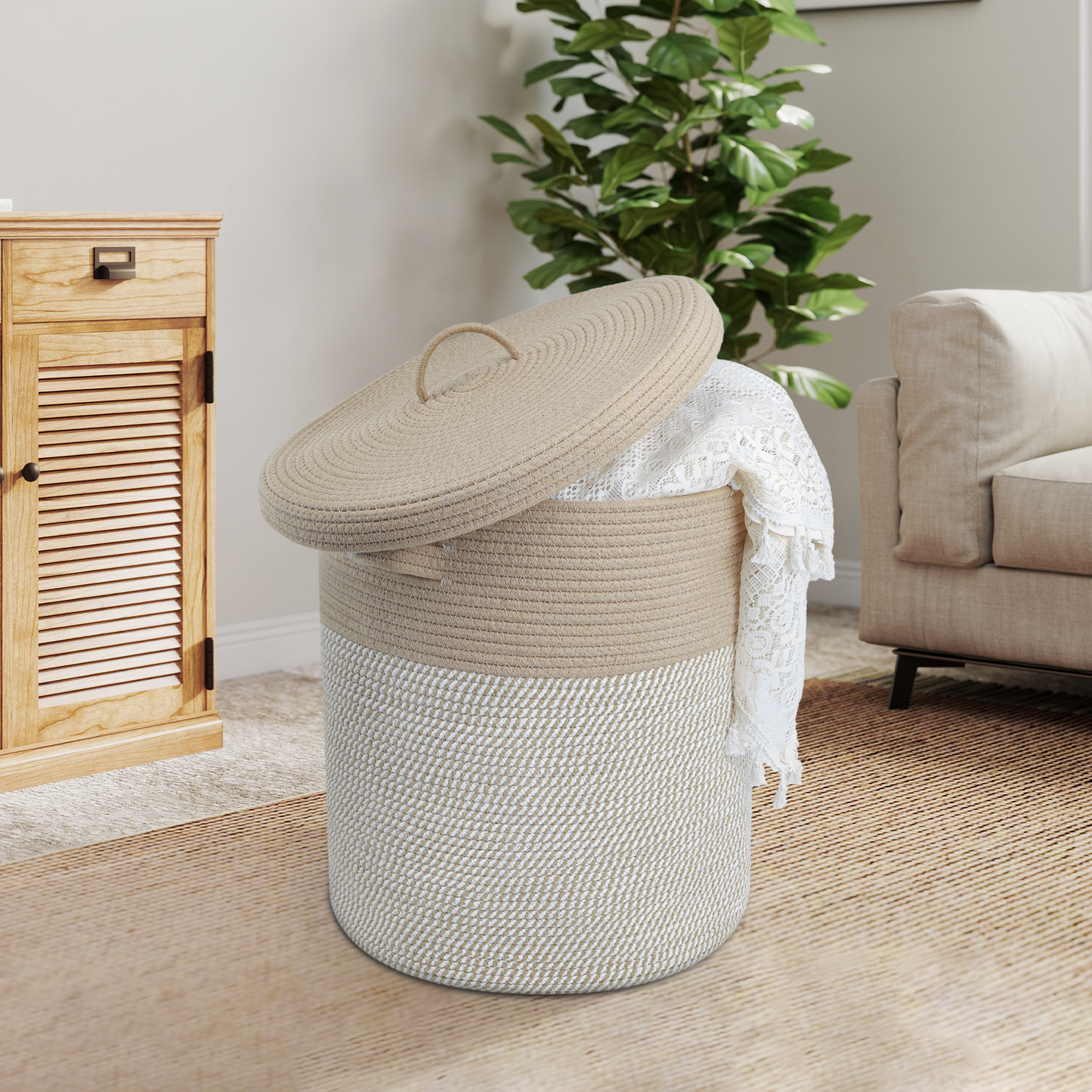 Woven Cotton Rope Storage Basket with Lid - Large Versatile Woven Hamper for Laundry, Blankets, Toys, and Home Organization