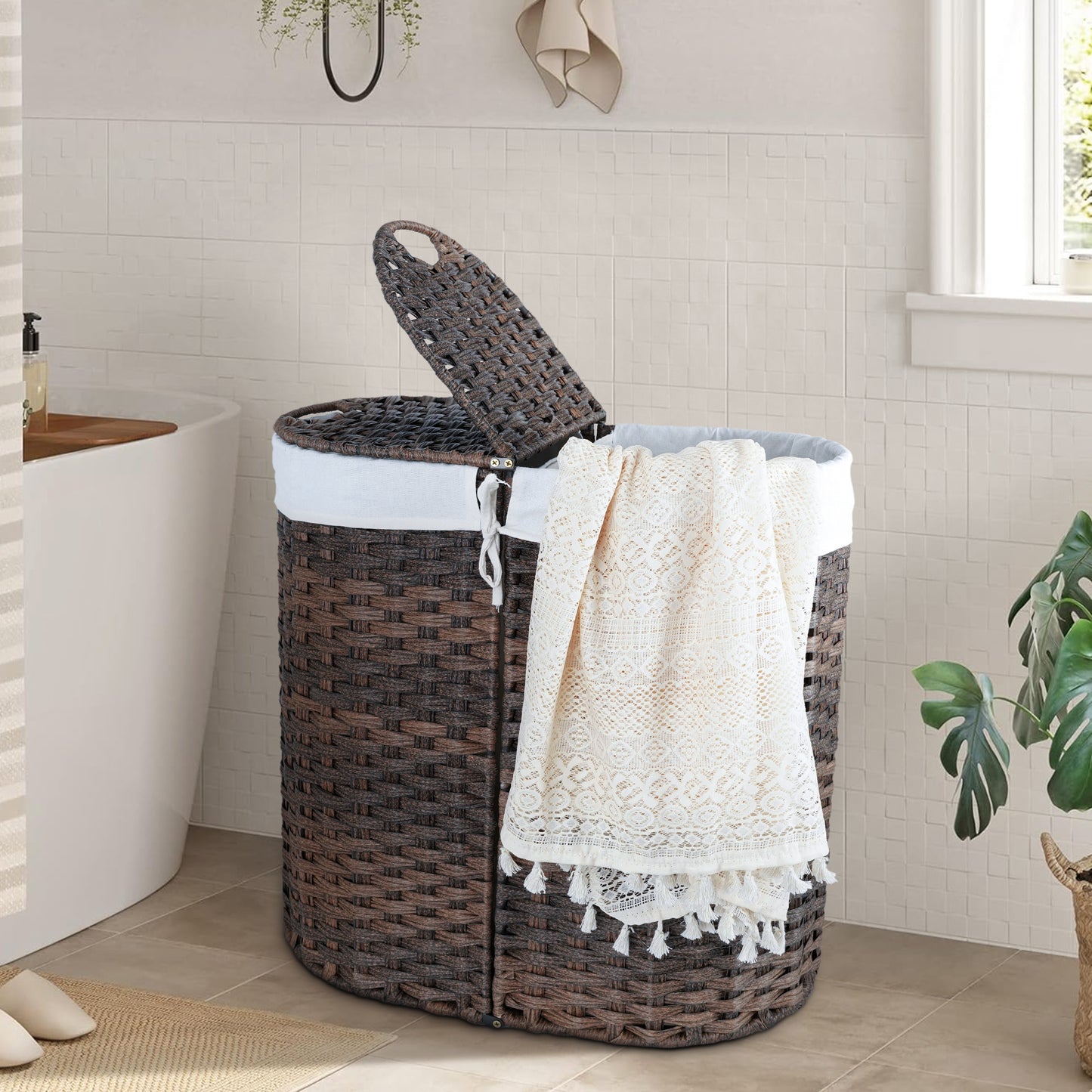Woven Divided Laundry Hamper with Flip Lids and Removable Machine-Washable Liners - 2-Compartment Rattan-Style Basket for Bathroom, Bedroom, or Small Spaces