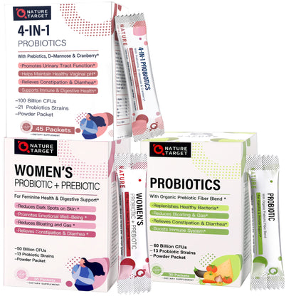 NATURE TARGET Probiotics 10-Pack Mix/3‑Box Set: Women/Men/Kids 60B CFU 13 Strains + Women’s 100B CFU 45-Day with D‑Mannose & Cranberry + Women’s Weight/Loss/Immune/Digestive Support; Prebiotics+Probiotics, Shelf Stable, Non‑GMO, Gluten‑Free