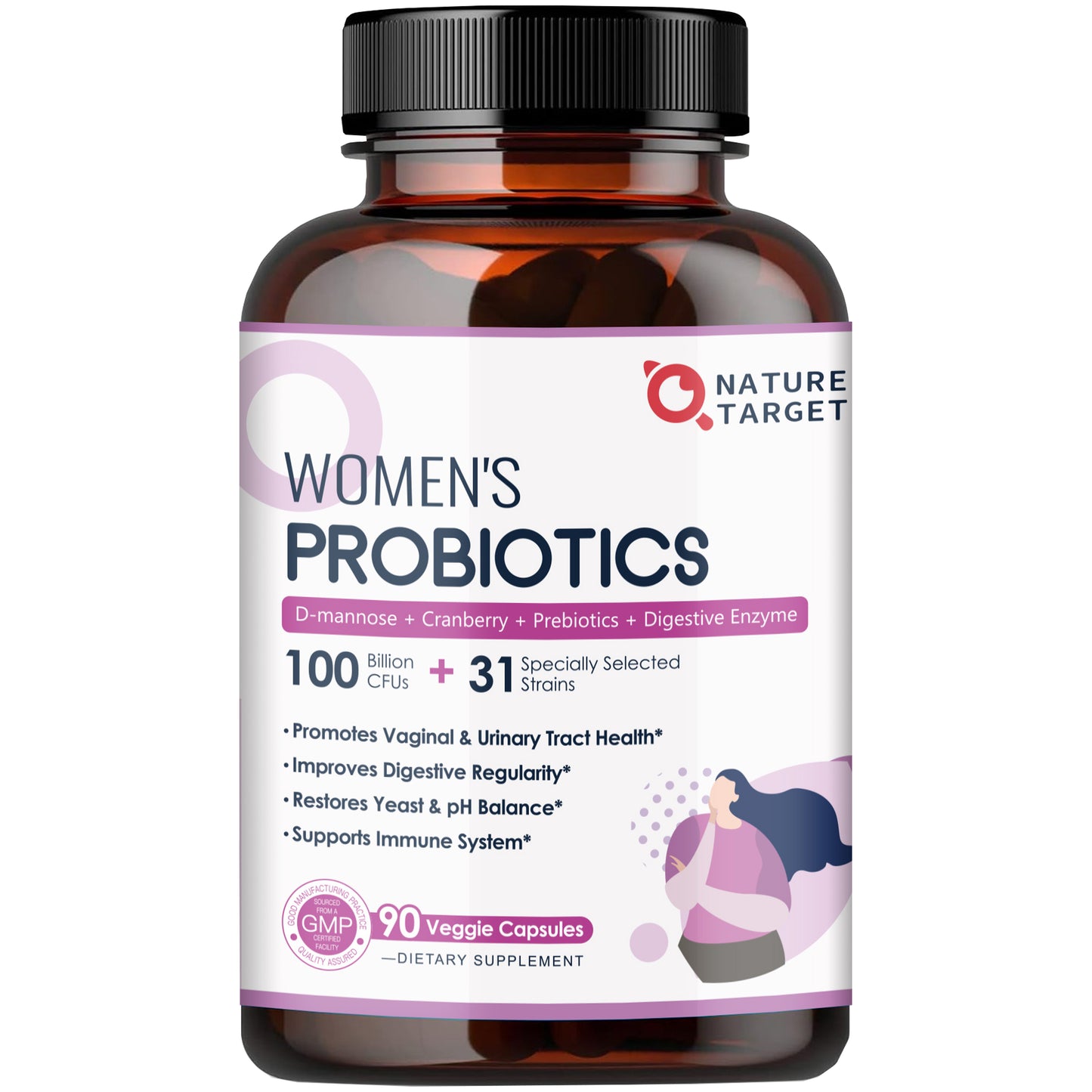 NATURE TARGET Women's Probiotics – 100 Billion CFUs with Digestive Enzymes, Prebiotics & Cranberry – 90 Veggie Capsules