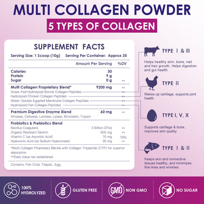 NATURE TARGET Multi Collagen Peptides Powder - Type I, II, III, V, X - Hydrolyzed Collagen Peptides with Vitamin C Hyaluronic Acid - 35 Servings