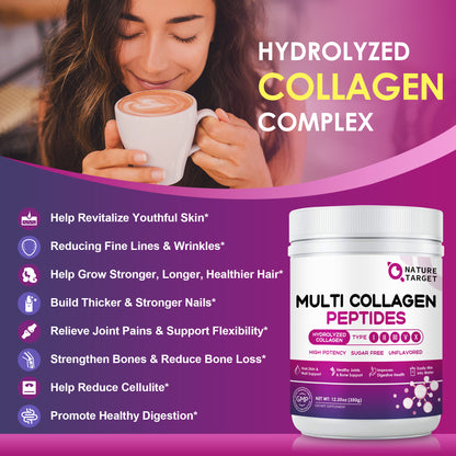 NATURE TARGET 2 jars Multi Collagen Hydrolyzed Collagen Peptides Powder with Types I II III V X with Vitamin C Hyaluronic Acid