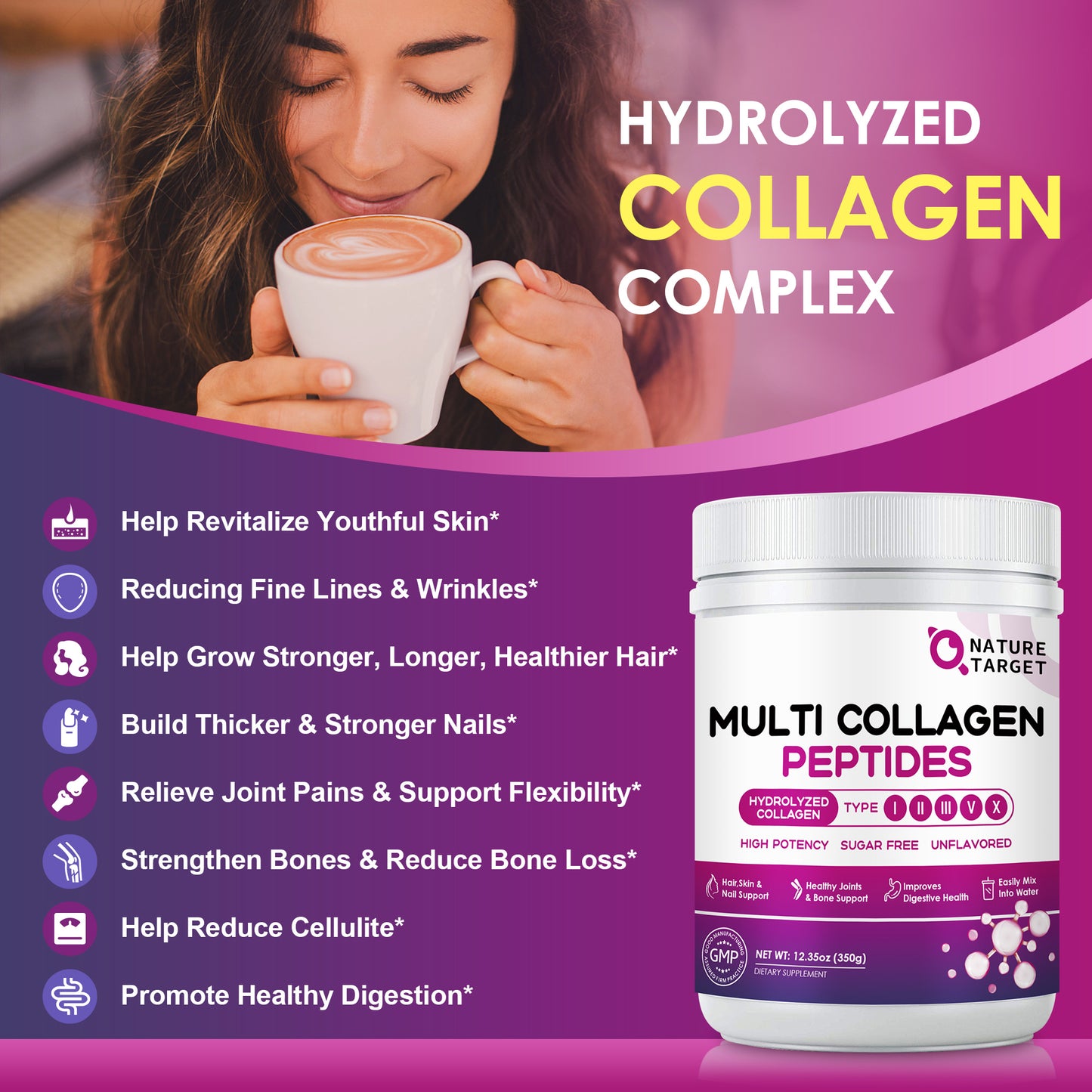 NATURE TARGET Multi Collagen Peptides Powder - Type I, II, III, V, X - Hydrolyzed Collagen Peptides with Vitamin C Hyaluronic Acid - 35 Servings