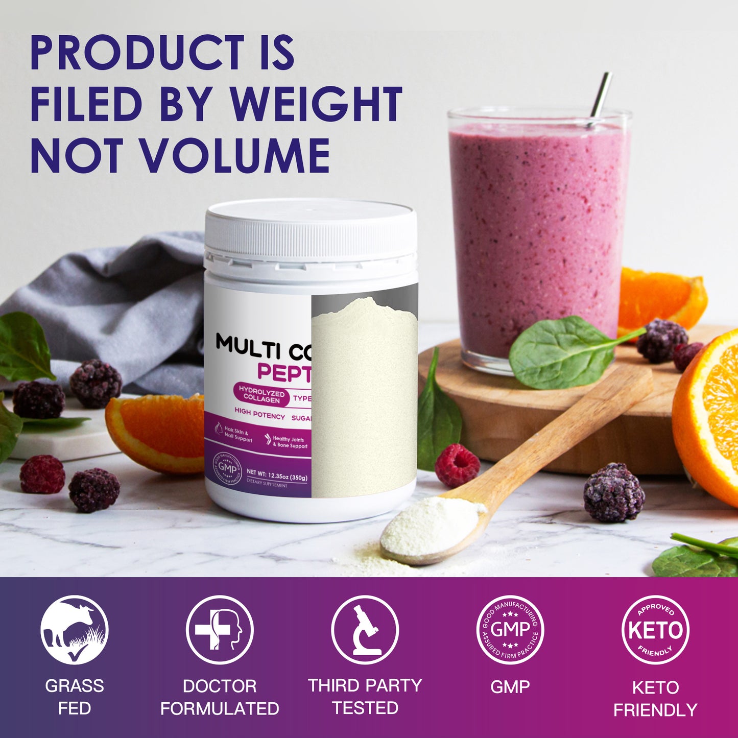 NATURE TARGET Multi Collagen Peptides Powder - Type I, II, III, V, X - Hydrolyzed Collagen Peptides with Vitamin C Hyaluronic Acid - 35 Servings