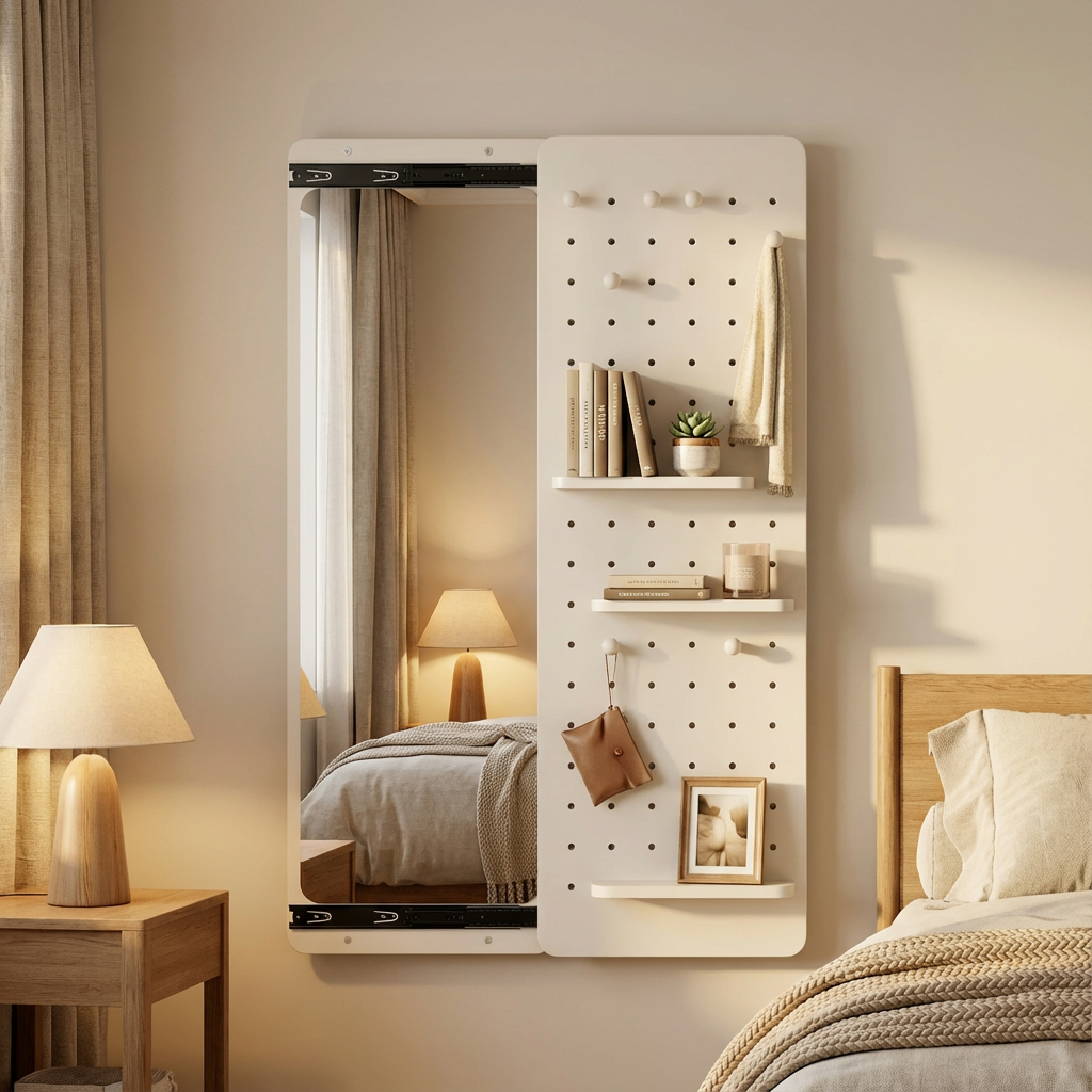 Sliding Door Full-Length Mirror with Pegboard Hooks, Multifunctional Wall-Mounted Organizer Mirror - PAIHOME