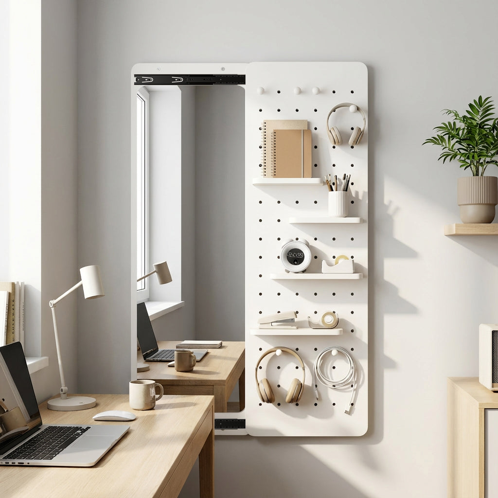 Sliding Door Full-Length Mirror with Pegboard Hooks, Multifunctional Wall-Mounted Organizer Mirror - PAIHOME