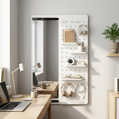 Sliding Door Full-Length Mirror with Pegboard Hooks, Multifunctional Wall-Mounted Organizer Mirror - PAIHOME