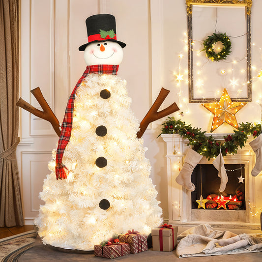 Pre-Lit Snowman Shaped Christmas Tree - Flocked Artificial Snowy Tree with Lights, Plaid Scarf, and Foldable Metal Base for Holiday Decor