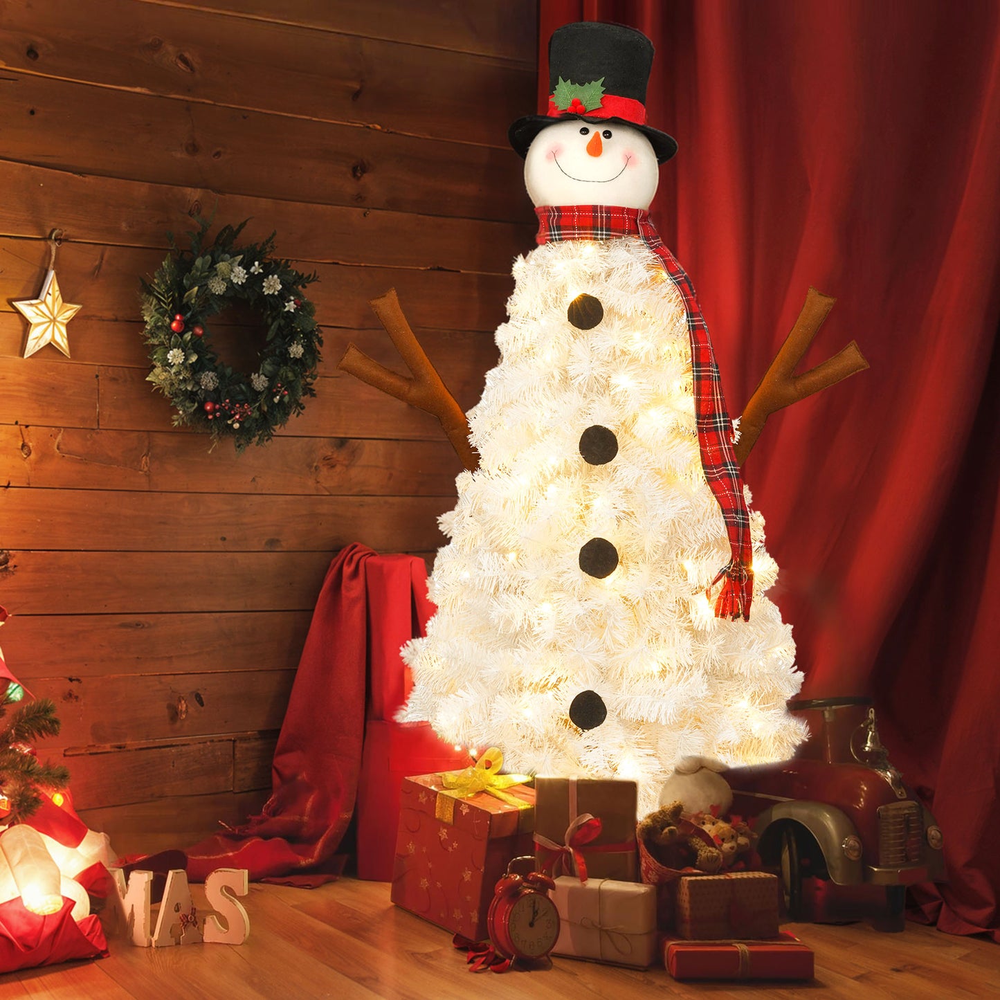 Pre-Lit Snowman Shaped Christmas Tree - Flocked Artificial Snowy Tree with Lights, Plaid Scarf, and Foldable Metal Base for Holiday Decor