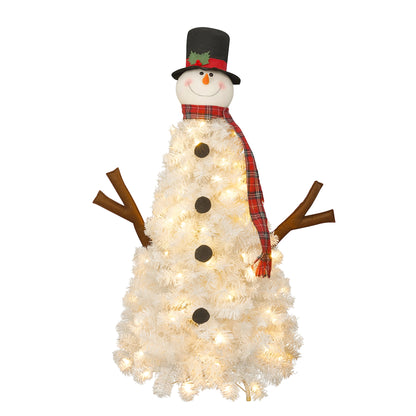 Pre-Lit Snowman Shaped Christmas Tree - Flocked Artificial Snowy Tree with Lights, Plaid Scarf, and Foldable Metal Base for Holiday Decor