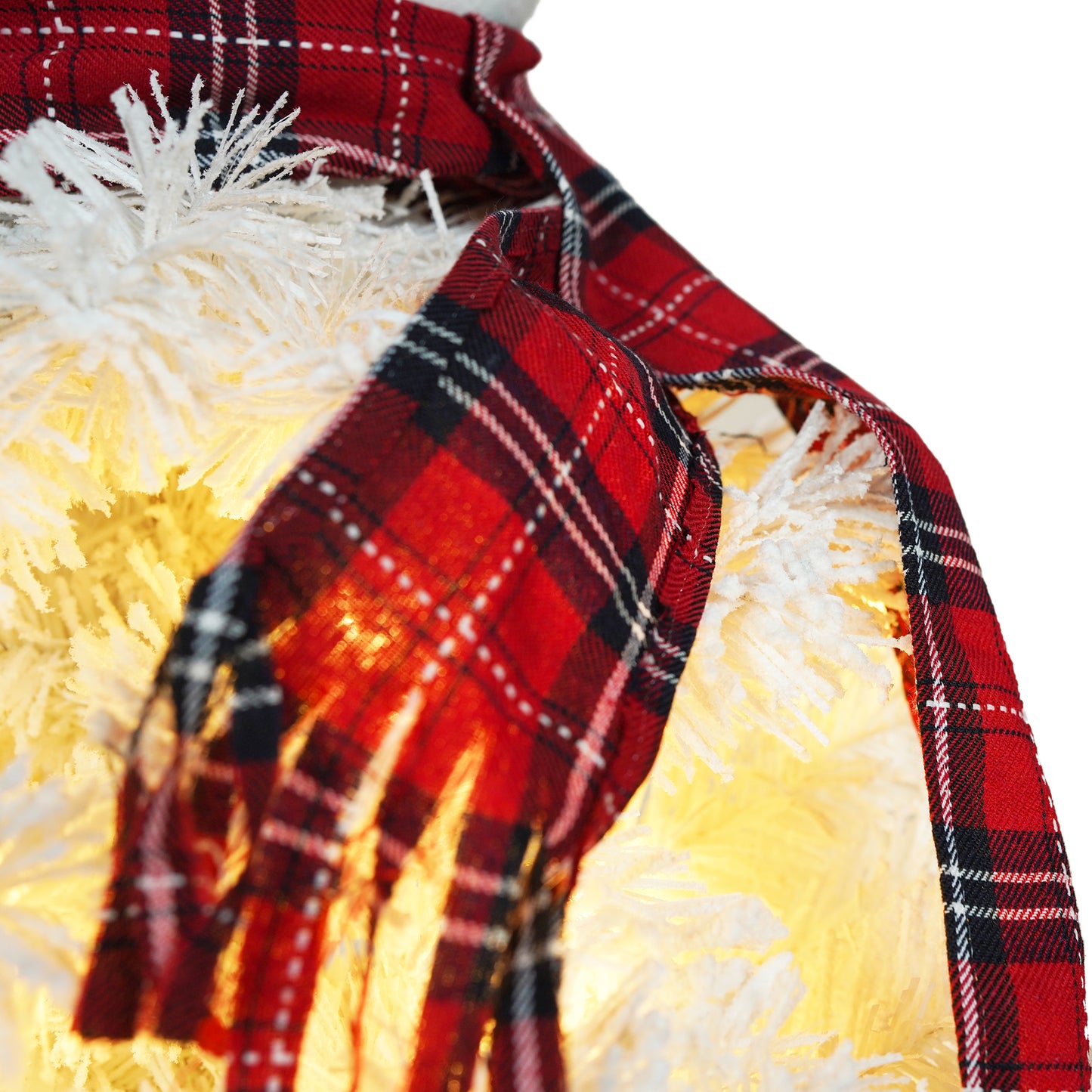 Pre-Lit Snowman Shaped Christmas Tree - Flocked Artificial Snowy Tree with Lights, Plaid Scarf, and Foldable Metal Base for Holiday Decor