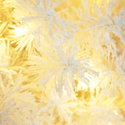 Pre-Lit Snowman Shaped Christmas Tree - Flocked Artificial Snowy Tree with Lights, Plaid Scarf, and Foldable Metal Base for Holiday Decor