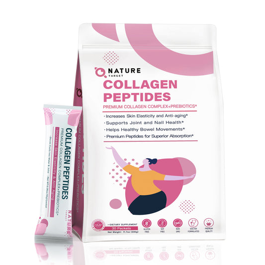 NATURE TARGET Multi Collagen Peptides Powder - Type I, II, III, V, X -  Hydrolyzed Collagen Peptides with Prebiotics - 30  packets