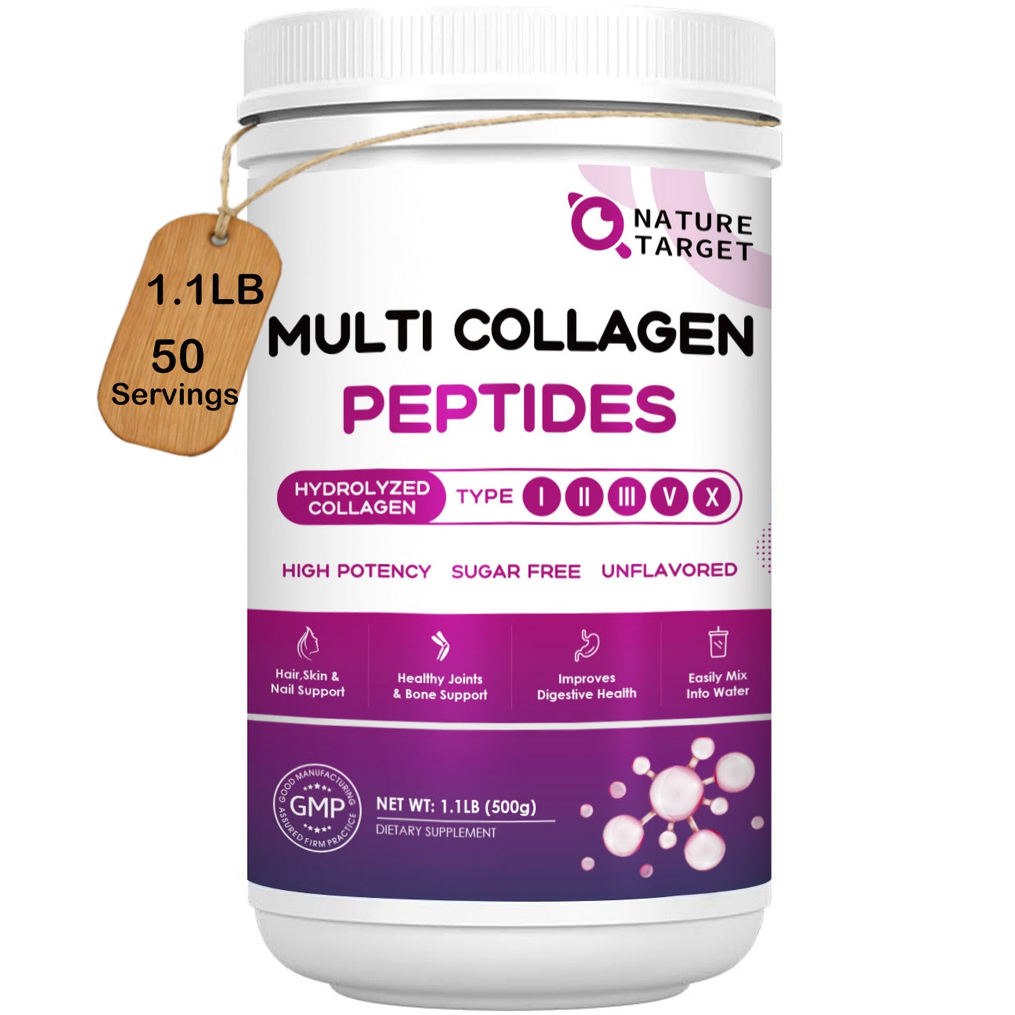 NATURE TARGET Multi Collagen Peptides Powder - Type I, II, III, V, X - Hydrolyzed Collagen Peptides with Vitamin C Hyaluronic Acid - 50 Servings