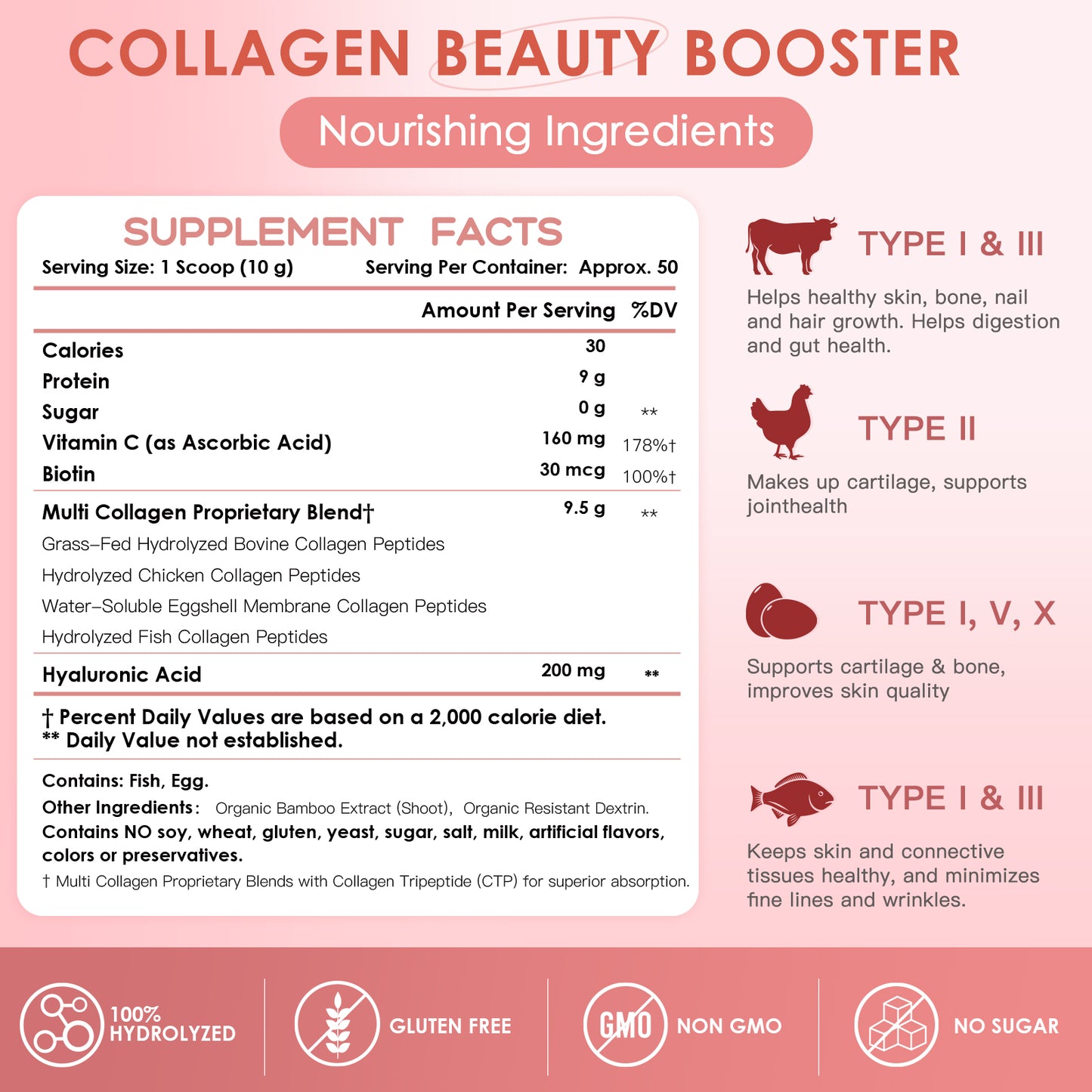 NATURE TARGET Beauty Collagen Peptides Powder: Multi Collagen+Vit C+Biotin+HA—Skin/Hair/Nails/Joint/Digestion—Unflavored,Keto,Non-GMO - 50 Servings
