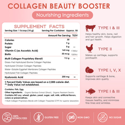 NATURE TARGET Beauty Collagen Peptides Powder: Multi Collagen+Vit C+Biotin+HA—Skin/Hair/Nails/Joint/Digestion—Unflavored,Keto,Non-GMO - 50 Servings
