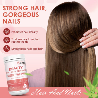NATURE TARGET Beauty Collagen Peptides Powder: Multi Collagen+Vit C+Biotin+HA—Skin/Hair/Nails/Joint/Digestion—Unflavored,Keto,Non-GMO - 50 Servings