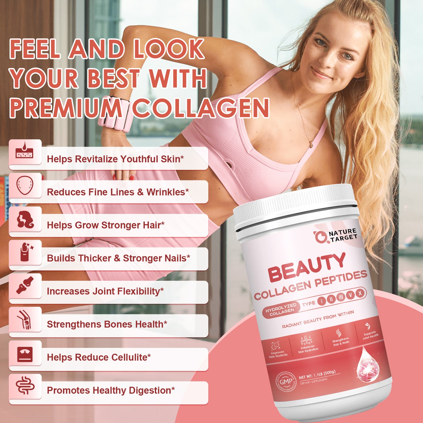 NATURE TARGET Beauty Collagen Peptides Powder: Multi Collagen+Vit C+Biotin+HA—Skin/Hair/Nails/Joint/Digestion—Unflavored,Keto,Non-GMO - 50 Servings