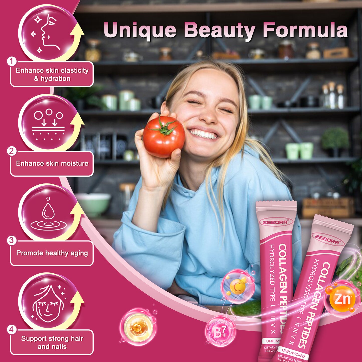 ZEBORA Multi Collagen Peptides Powder Packets with Hyaluronic Acid, Biotin, MCT - Hydrolyzed Collagen with 5 Billion Probiotics - 30 packets