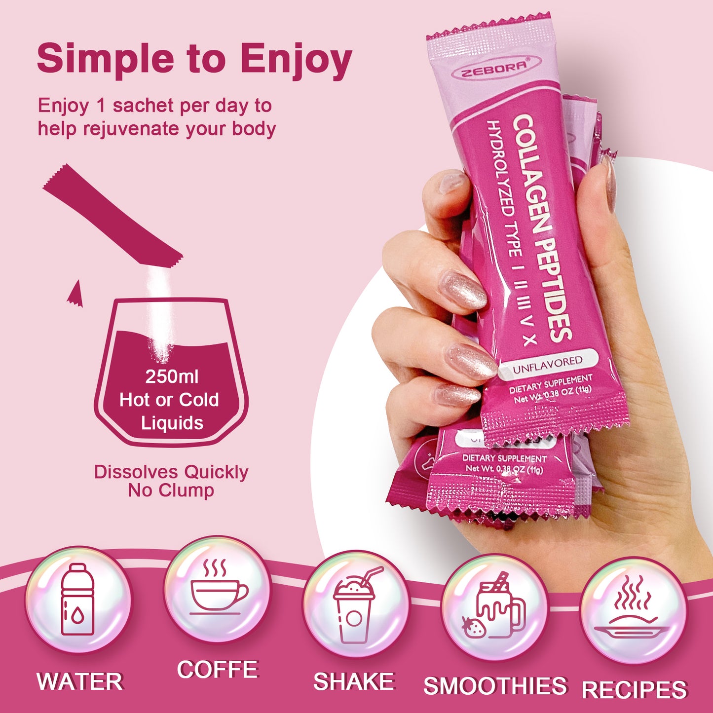 ZEBORA Multi Collagen Peptides Powder Packets with Hyaluronic Acid, Biotin, MCT - Hydrolyzed Collagen with 5 Billion Probiotics - 30 packets