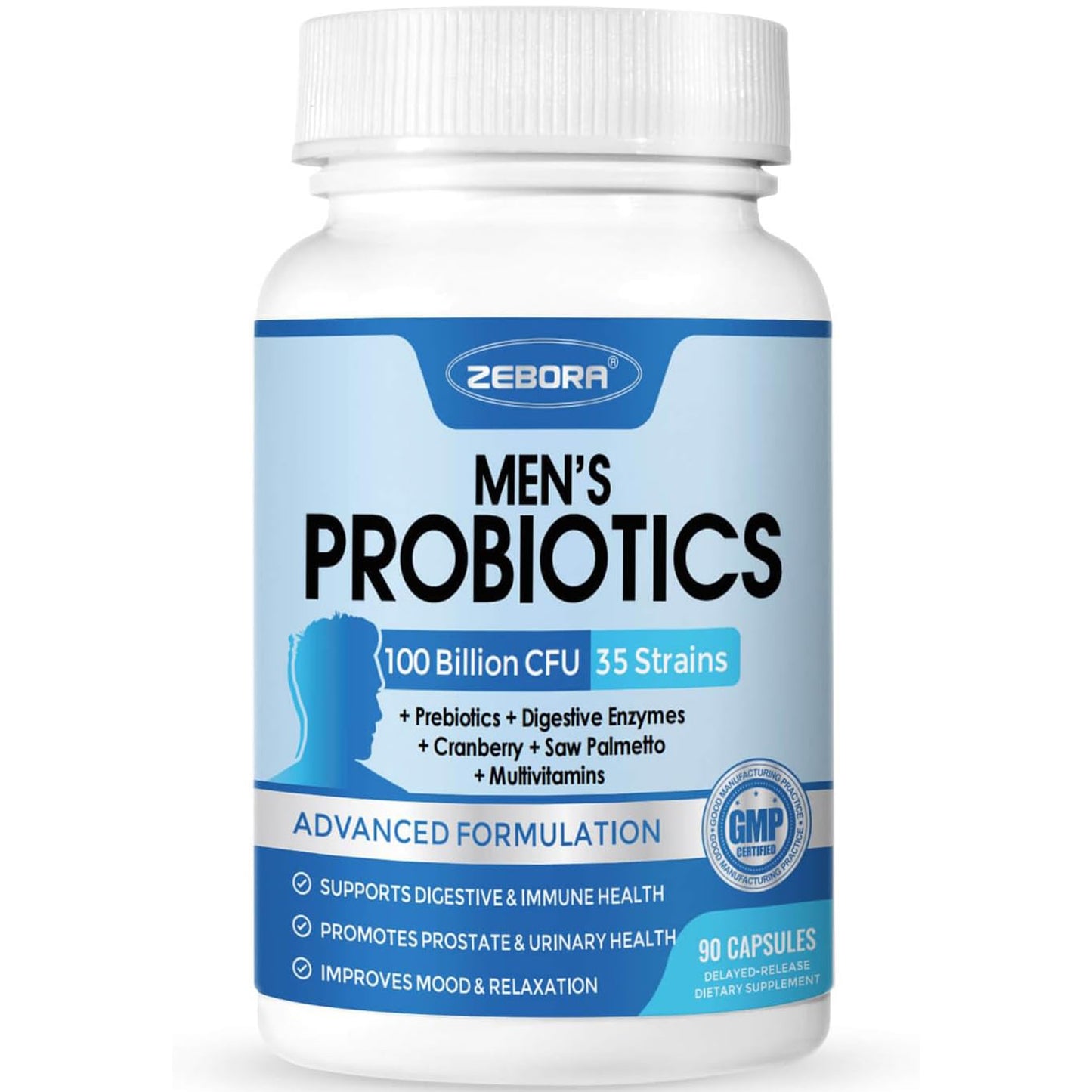 ZEBORA Probiotics for Men 100 Billion CFU - Probiotics & Prebiotics & Enzymes - 90 Veg Capsules